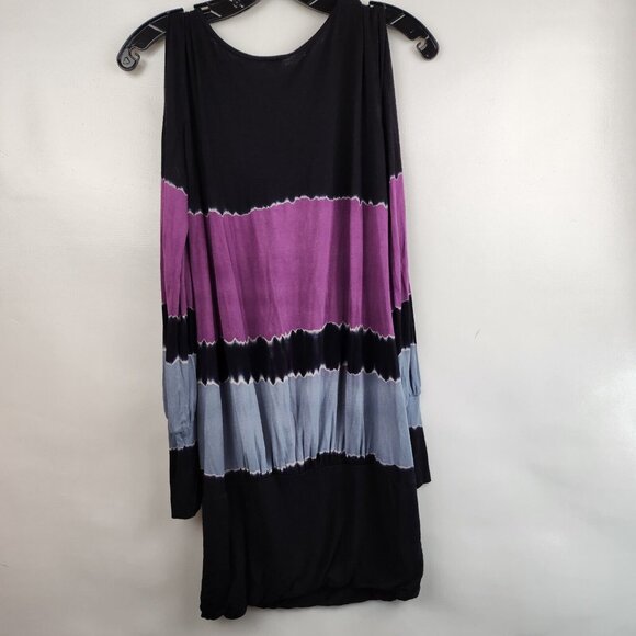 S-Twelve Womens Mini Dress Medium Black Purple Tie Dye Cold Shoulder Hippie BOHO - Picture 2 of 9
